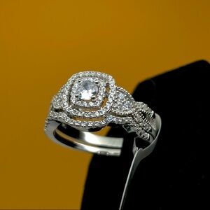 925 Sterling Silver Diamond Halo 2 Band Wedding Engagement Bridal Ring‎ Set 9